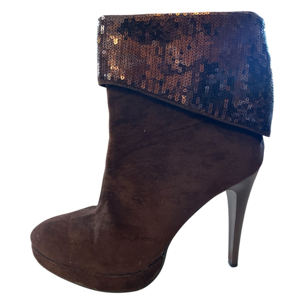 Helen Heart Brown Suede & Sequin Ankle 4.5” High Heel Booties back Zip size 8